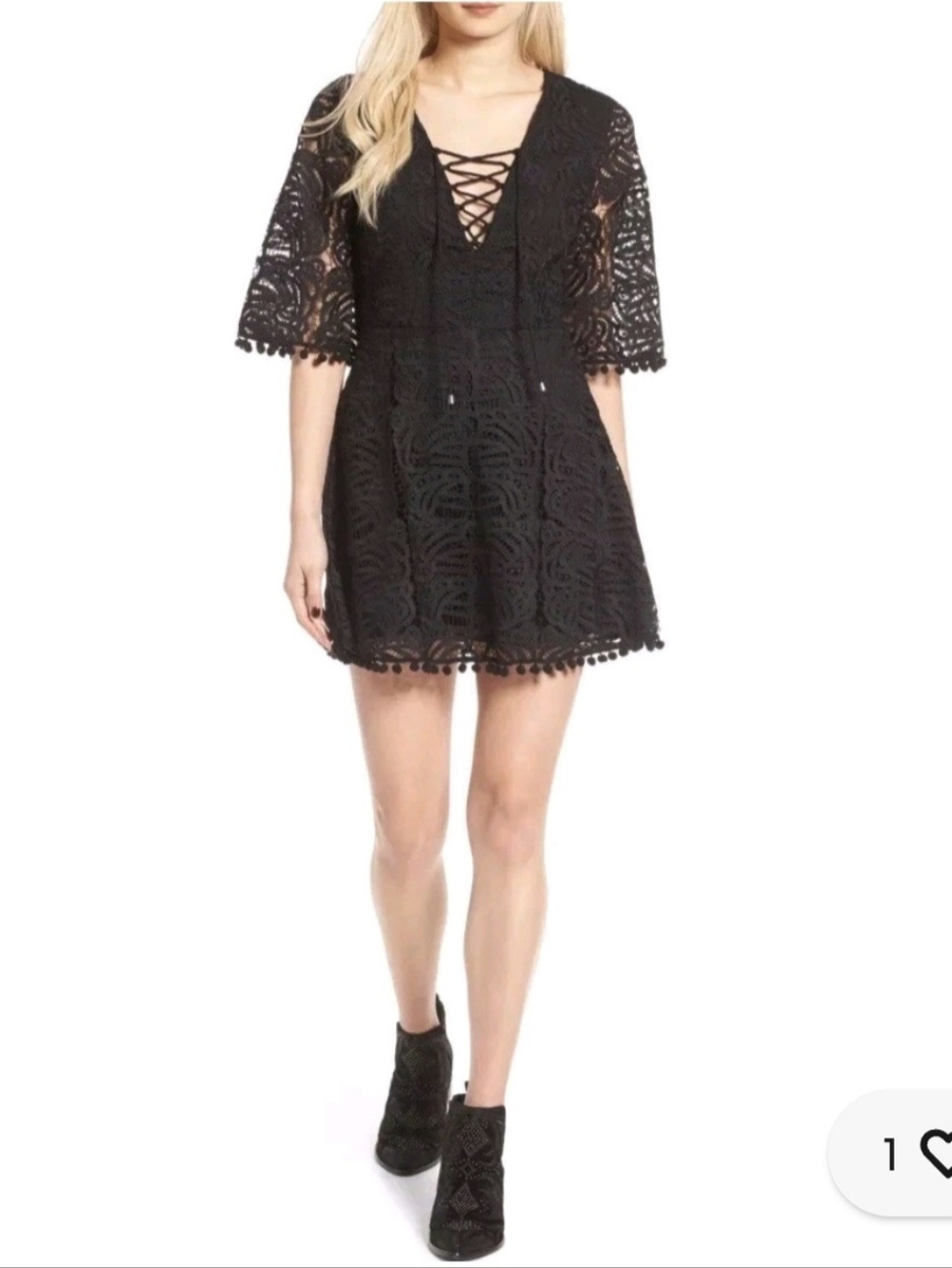 Tularosa Coal Lace-Up Mini Dress in Onyx Black Lace Pom Pom Trim Size M